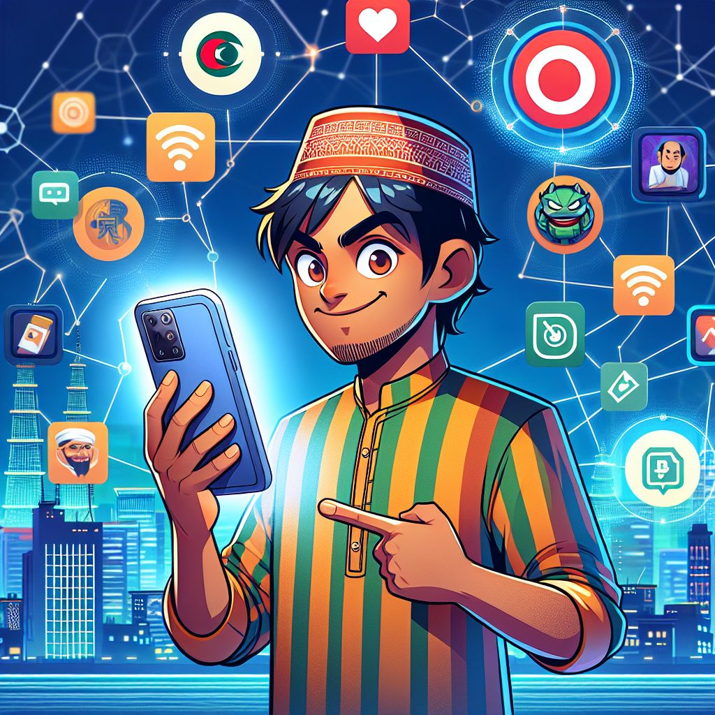 BGD77 app cartoon character using a phone with gaming icons around