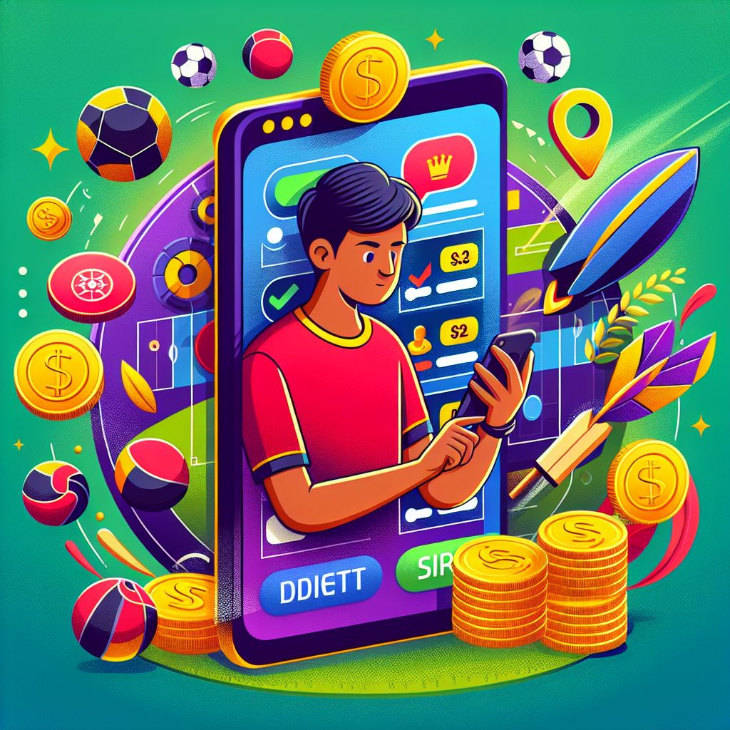 Cartoon bettor using a mobile betting app with sports icons and coins