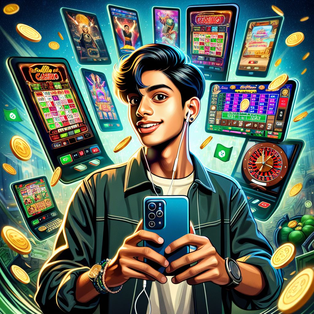Cartoon Bangladeshi gamer character in a colorful online casino environment with slots and chips