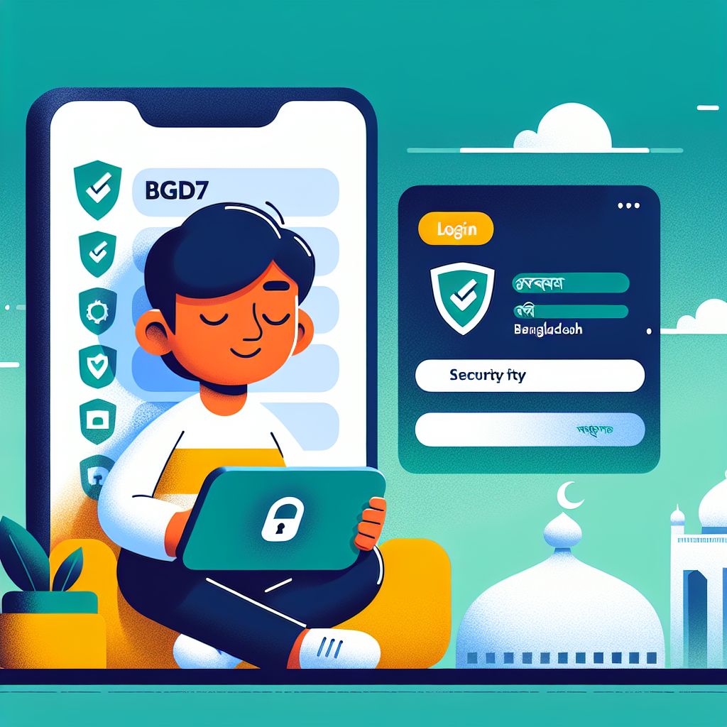 Cartoon character logging into BGD77 on a smartphone with security icons
