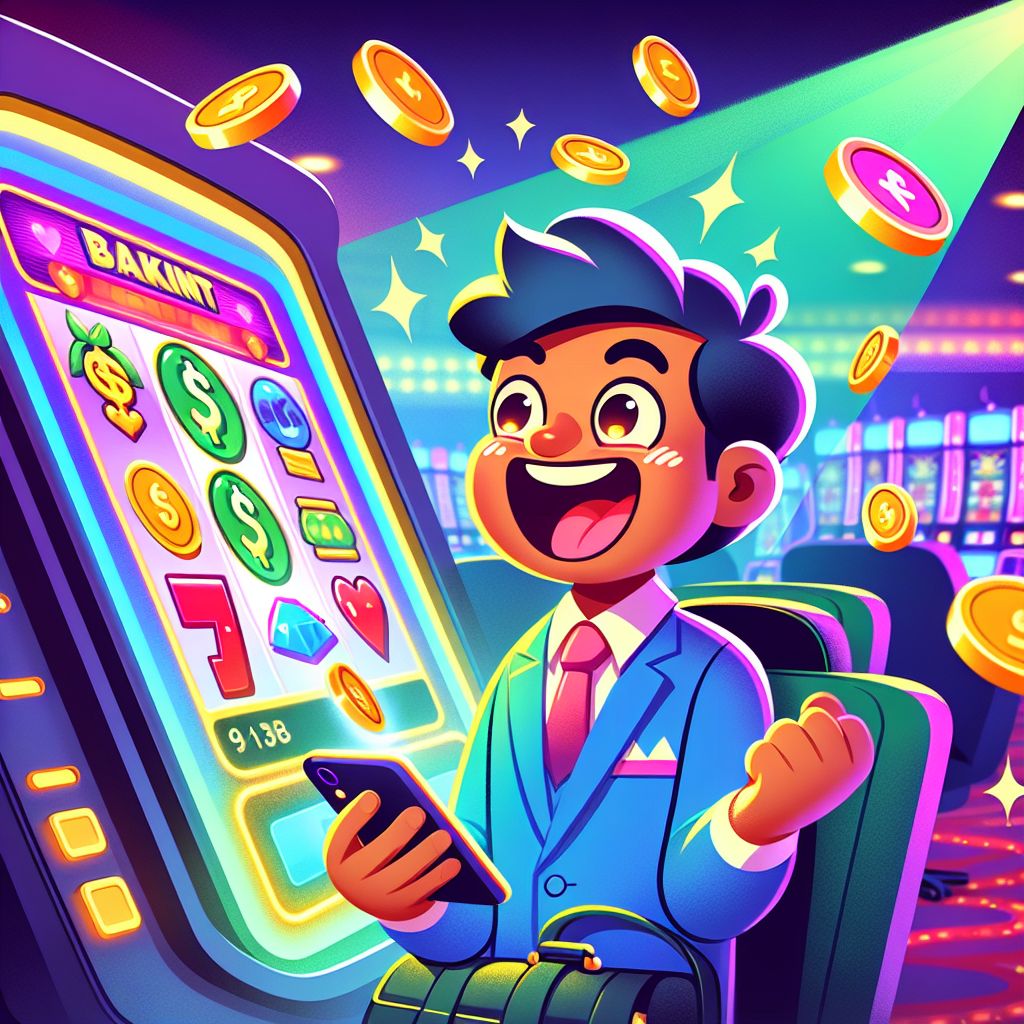 Cartoon character spinning colorful slot reels with coins and jackpots around